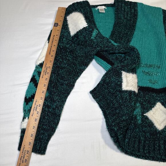 Vtg Susann D Sweater M Teal Ivory Geo Abstract Chunky Knit Wool Angora Blend EUC - Picture 9 of 13